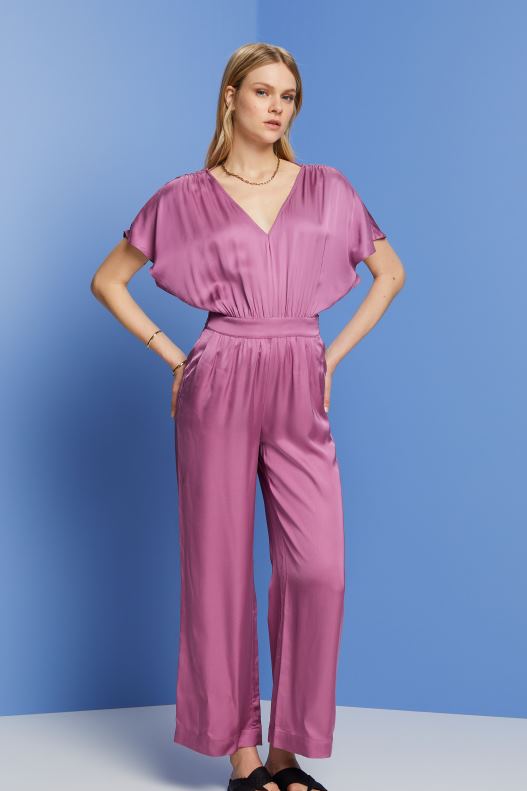 Esprit Satin jumpsuit with a tie belt, LENZING ECOVERO Women Violet Suit P0D0X135 - Image 1