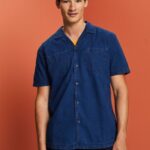 Esprit Short-Sleeved Denim Shirt Men Blue Dark Wash Shirts P0D0X595