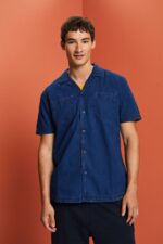 Esprit Short-Sleeved Denim Shirt Men Blue Dark Wash Shirts P0D0X595
