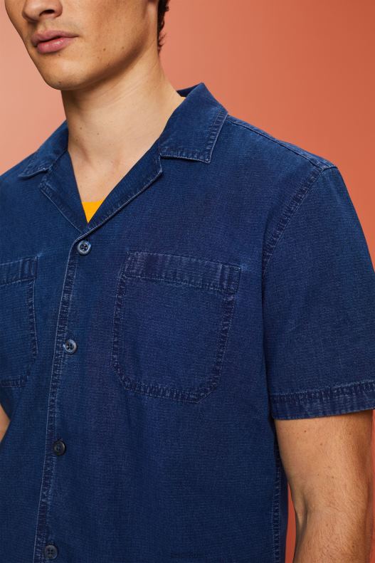 Esprit Short-Sleeved Denim Shirt Men Blue Dark Wash Shirts P0D0X595 - Image 3