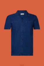 Esprit Short-Sleeved Denim Shirt Men Blue Dark Wash Shirts P0D0X595 - Image 5