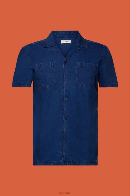Esprit Short-Sleeved Denim Shirt Men Blue Dark Wash Shirts P0D0X595 - Image 5