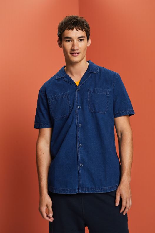 Esprit Short-Sleeved Denim Shirt Men Blue Dark Wash Shirts P0D0X595 - Image 1