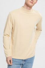 Esprit Stand-up collar long sleeve top Men Cream Beige Long Sleeve P0D0X945