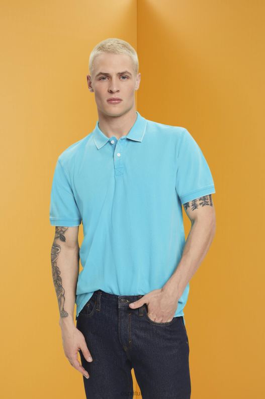 Esprit Stone-washed cotton pique polo shirt Men Aqua Green Polos P0D0X708 - Image 1