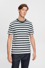 Esprit Striped crewneck T-shirt Men Dark Teal Green T-Shirts P0D0X769