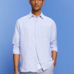 Esprit Striped shirt, 100% linen Men Light Blue Lavender Shirts P0D0X597
