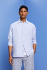 Esprit Striped shirt, 100% linen Men Light Blue Lavender Shirts P0D0X597