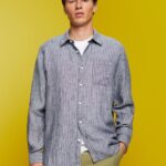 Esprit Striped shirt, 100% linen Men Navy Shirts P0D0X596