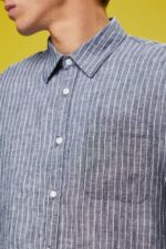 Esprit Striped shirt, 100% linen Men Navy Shirts P0D0X596 - Image 3
