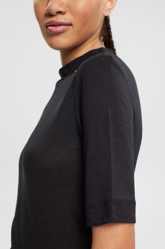 Esprit T-shirt with band collar, TENCEL Women Black T-Shirts P0D0X374 - Image 3