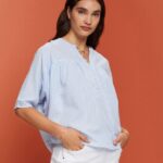 Esprit Textured short-sleeve blouse Women Light Blue Blouses P0D0X118