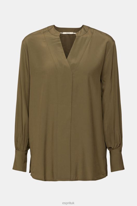 Esprit V-neck blouse, LENZING ECOVERO Women Dark Khaki Blouses P0D0X555 - Image 5