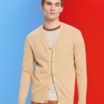 Esprit V-neck sustainable cotton cardigan Men Beige Sweaters P0D0X775