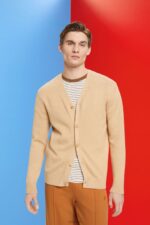 Esprit V-neck sustainable cotton cardigan Men Beige Sweaters P0D0X775