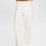 Esprit Wide leg twill trousers, 100% cotton Women Off White Trousers & Pants P0D0X4